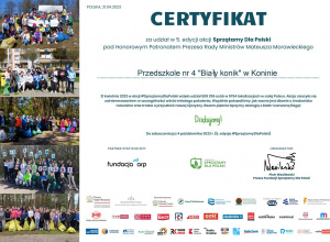 Certyfikat za udział w akcji Sprzątamy dla Polski