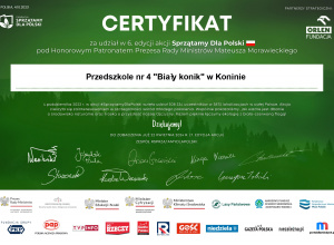 Certyfikat za udział w akcji Sprzątamy dla Polski 2023