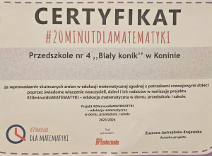 Udział Przedszkola nr 4 „Biały konik” w projekcie #20minutdlaMATEMATYKI