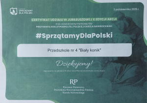 Certyfikat za udział w X Edycji #SprzątamyDla Polski